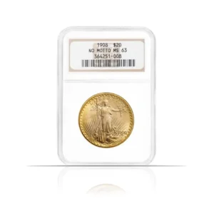 1908 – $20 St Gaudens “No Motto” Gold Coin (MS63, NGC or PCGS)