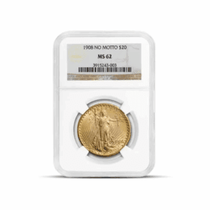 1908 – $20 St Gaudens “No Motto” Gold Coin (MS62, NGC or PCGS)