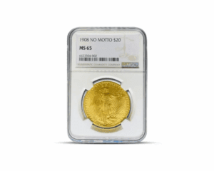 1908 – $20 St Gaudens “No Motto” Gold Coin (MS65, NGC or PCGS)