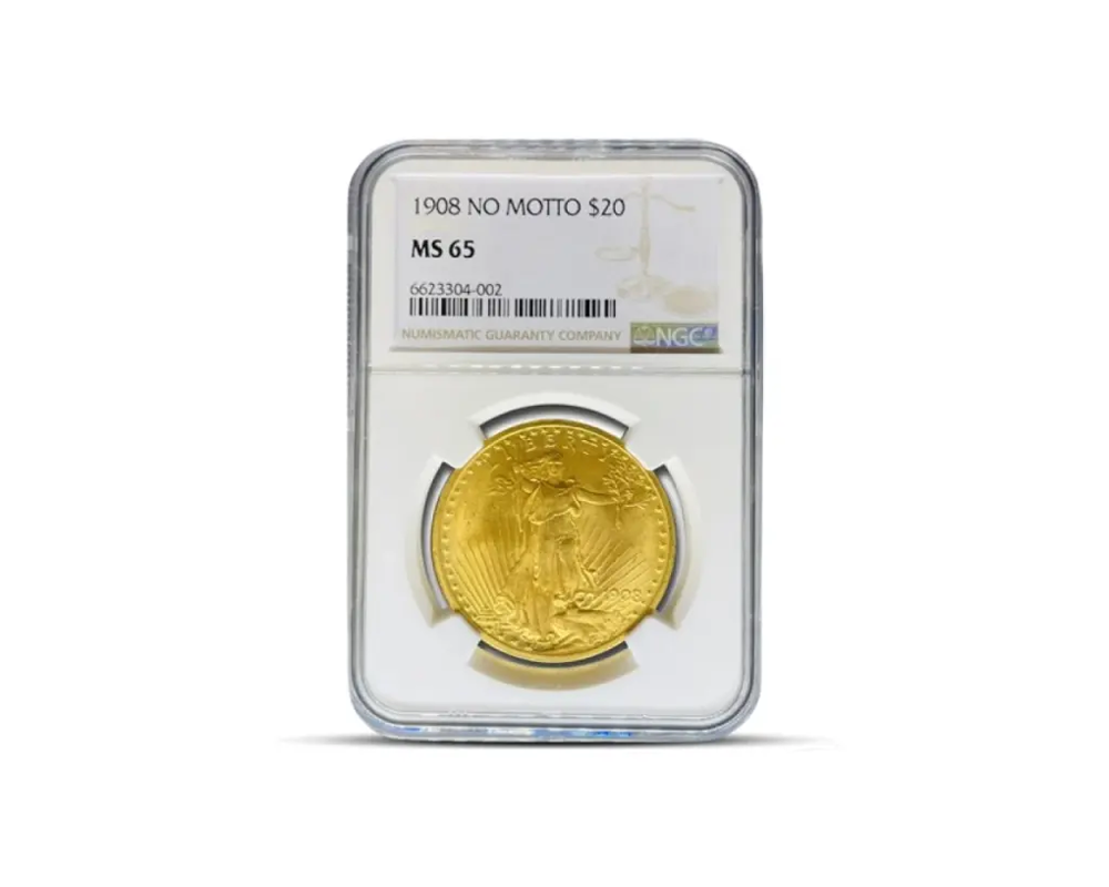 1908 – $20 St Gaudens “No Motto” Gold Coin (MS65, NGC or PCGS)