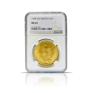 1908 – $20 St Gaudens “No Motto” Gold Coin (MS65, NGC or PCGS)