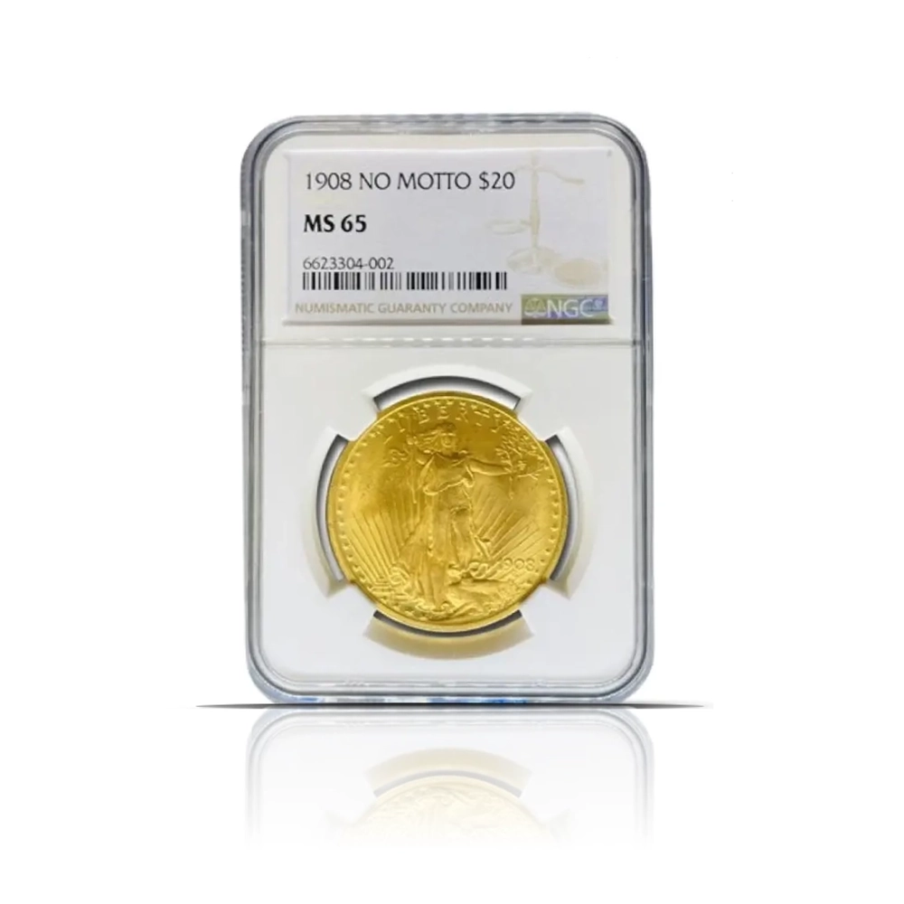 1908 – $20 St Gaudens “No Motto” Gold Coin (MS65, NGC or PCGS)