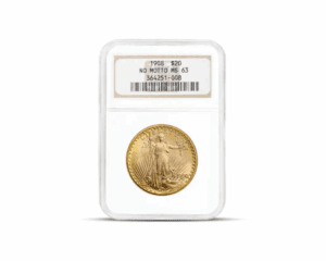 1908 – $20 St Gaudens “No Motto” Gold Coin (MS63, NGC or PCGS)