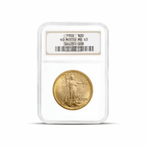 1908 – $20 St Gaudens “No Motto” Gold Coin (MS63, NGC or PCGS)