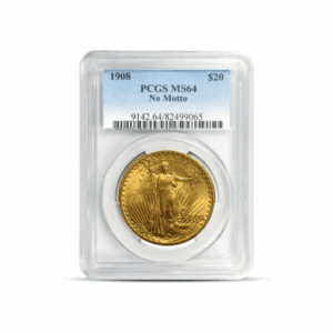 1908 – St Gaudens “No Motto” Gold Coin (MS64, NGC or PCGS)