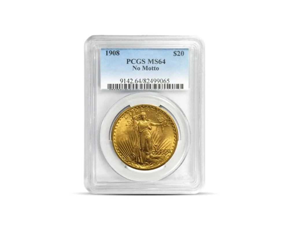 1908 – St Gaudens “No Motto” Gold Coin (MS64, NGC or PCGS)