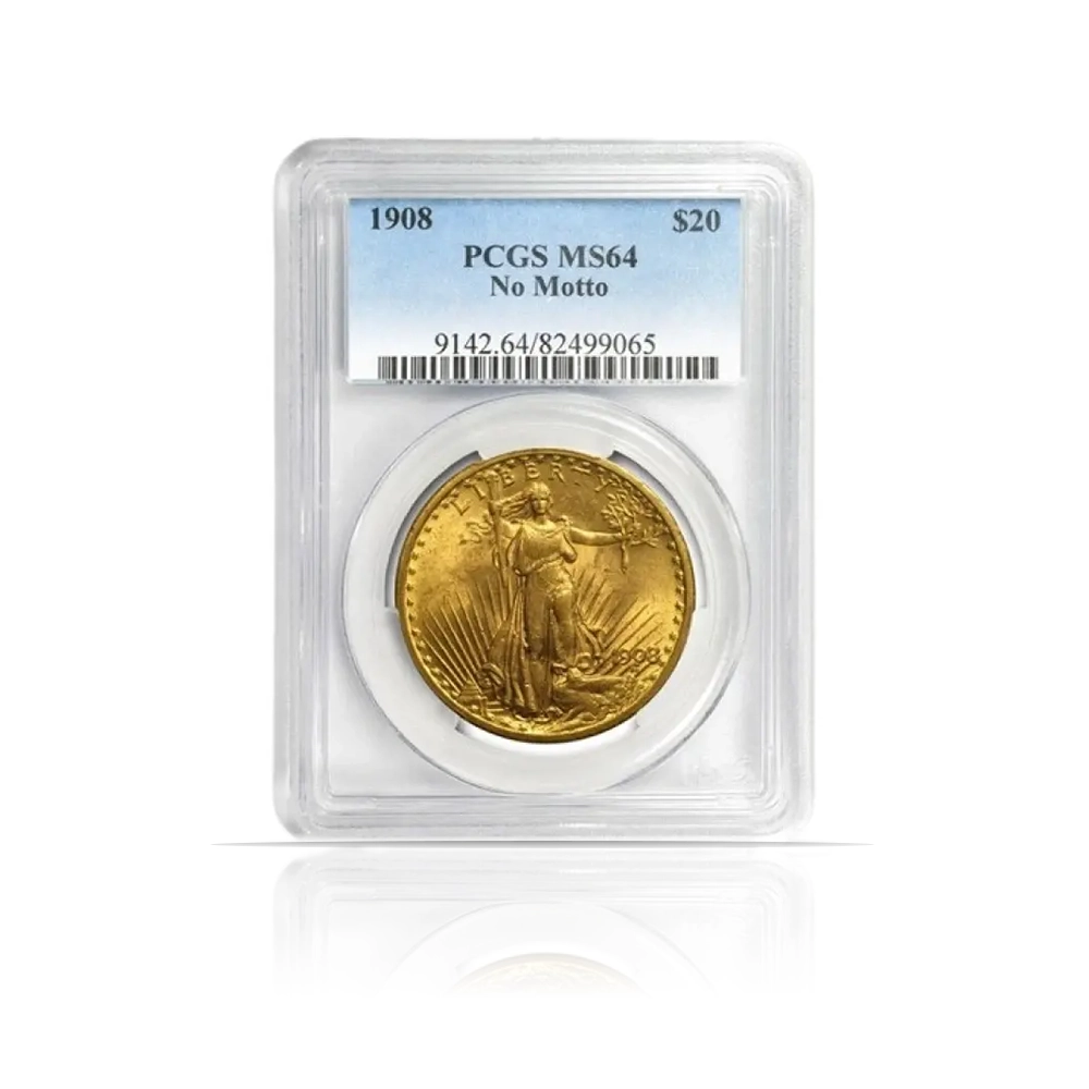 1908 – St Gaudens “No Motto” Gold Coin (MS64, NGC or PCGS)