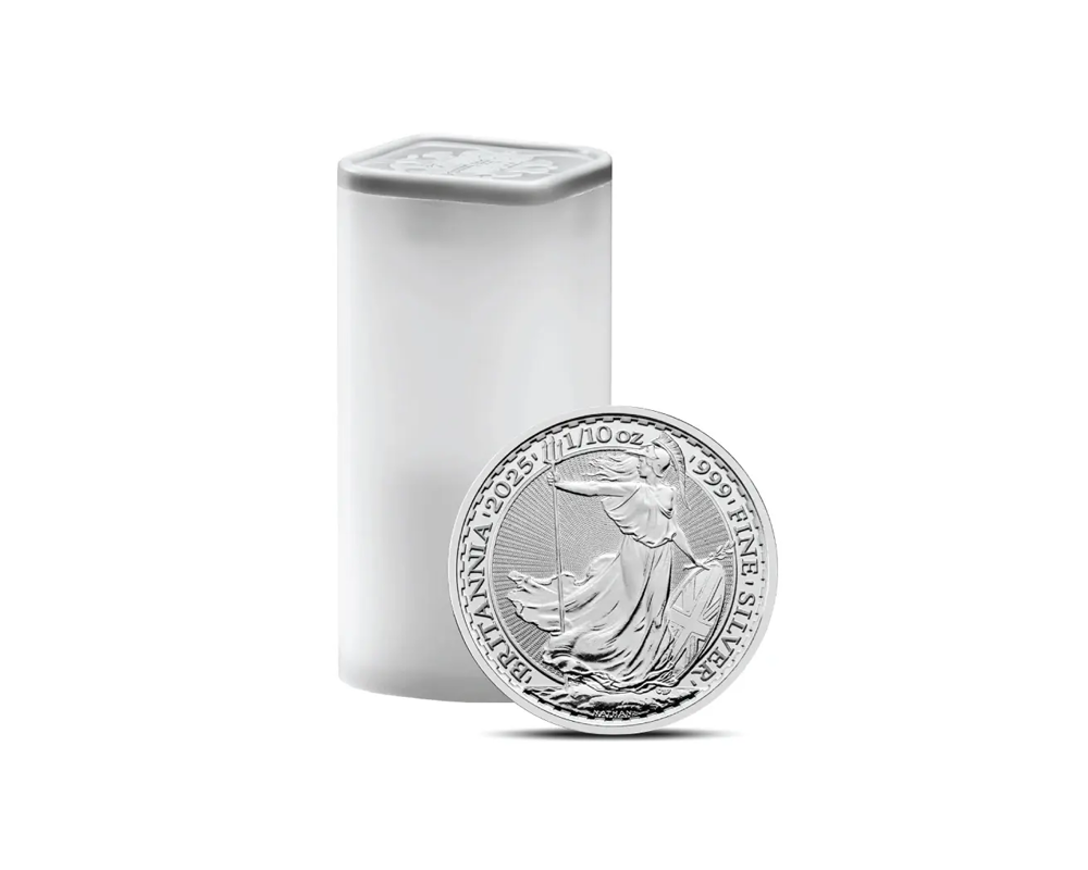 2025 – British Britannia (BU) 1/10 oz Silver Coins (Tube of 16 coins)