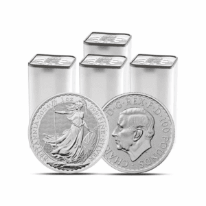 2024 – British Royal Mint Britannia (BU) 1 oz Silver Coins (4 Tubes: 100 coins)