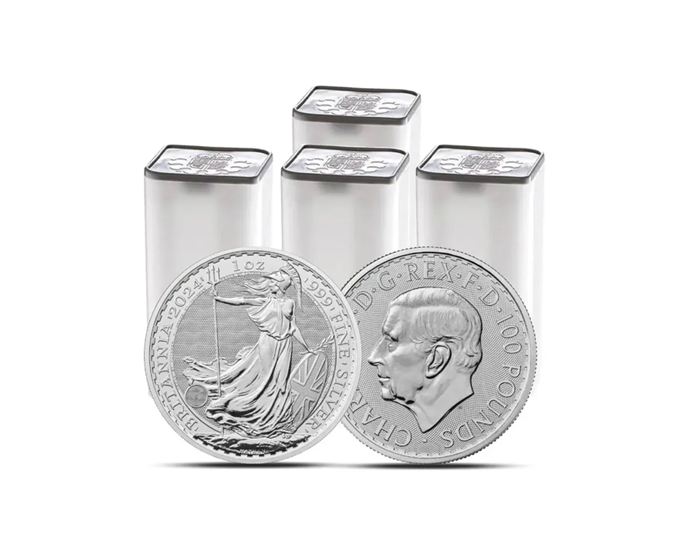 2024 – British Royal Mint Britannia (BU) 1 oz Silver Coins (4 Tubes: 100 coins)