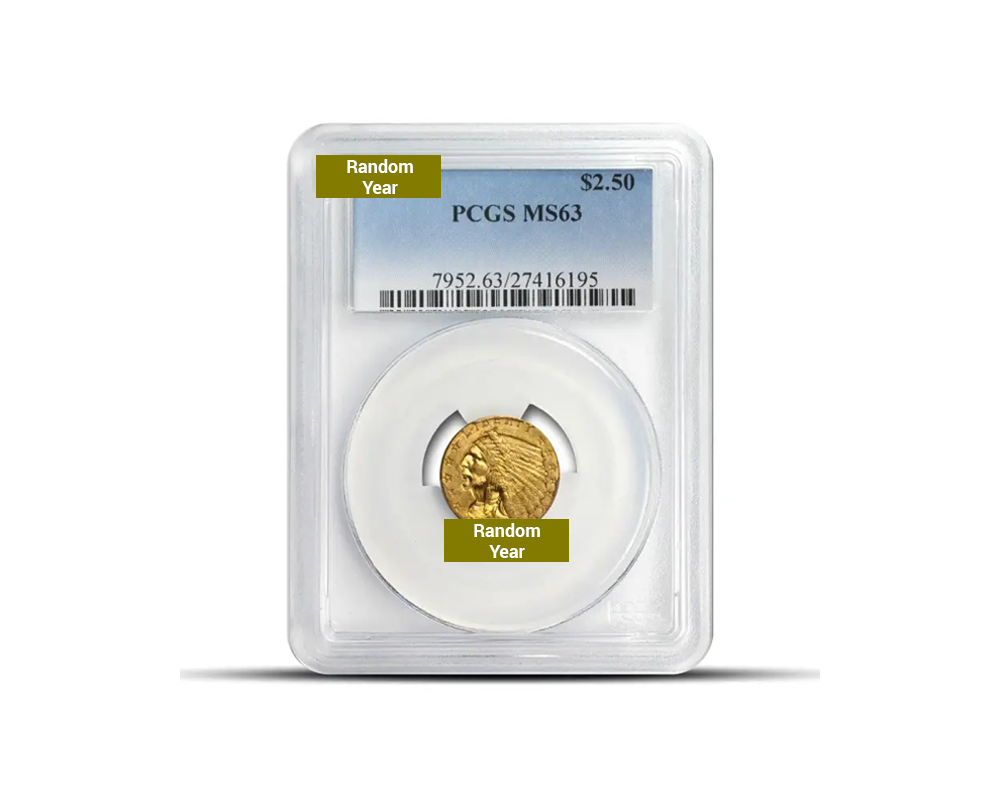 Random Year – $2.50 Indian Eagle Quarter Gold Coin (MS63, NGC or PCGS)